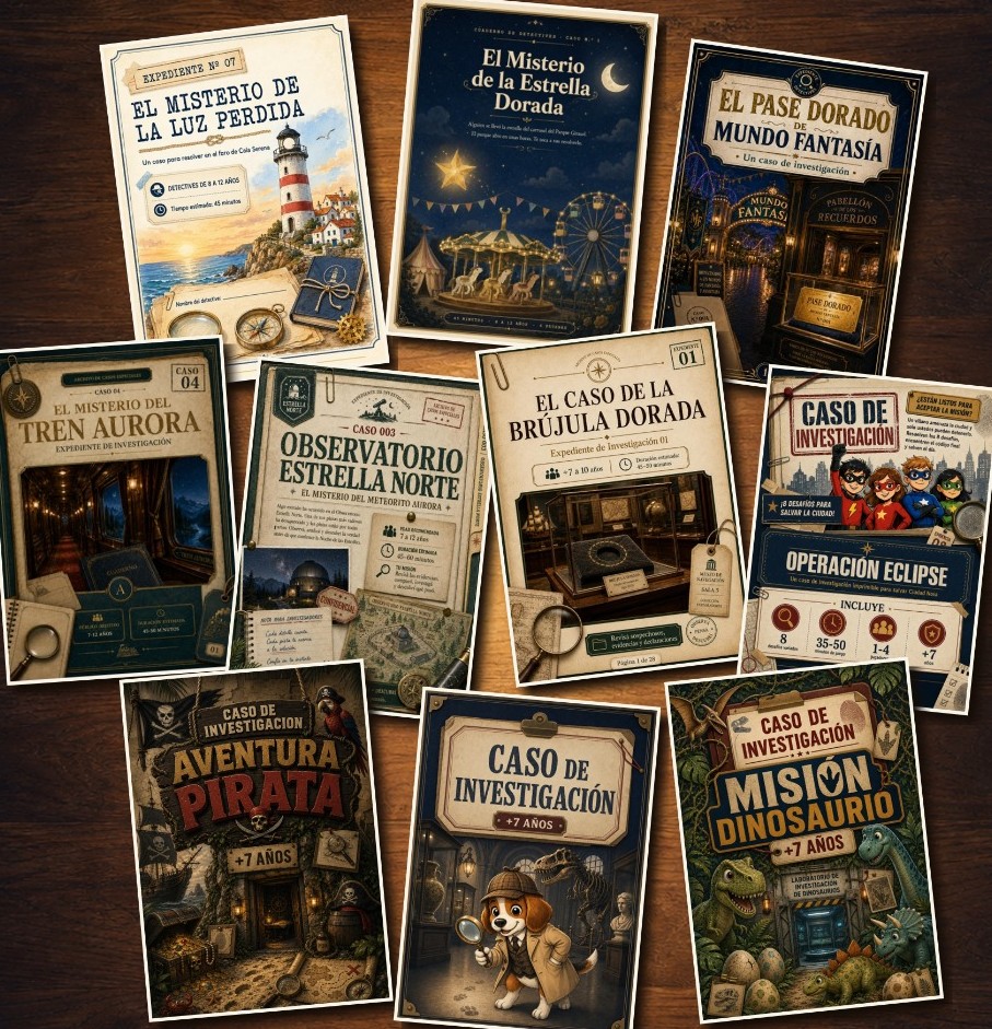 Portada de casos de Misión Aventura: collage con portadas de las salas de escape imprimibles