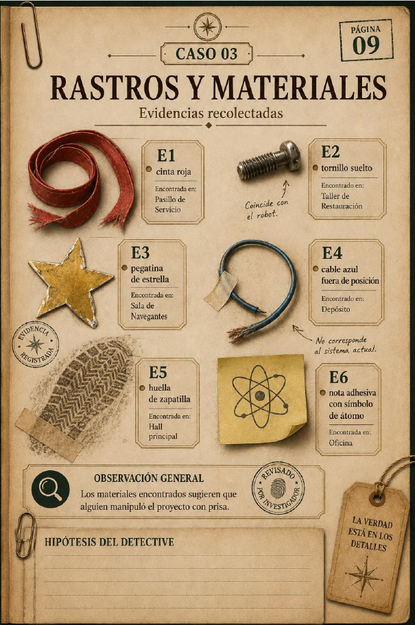 Hoja de rastros y materiales con las evidencias recolectadas