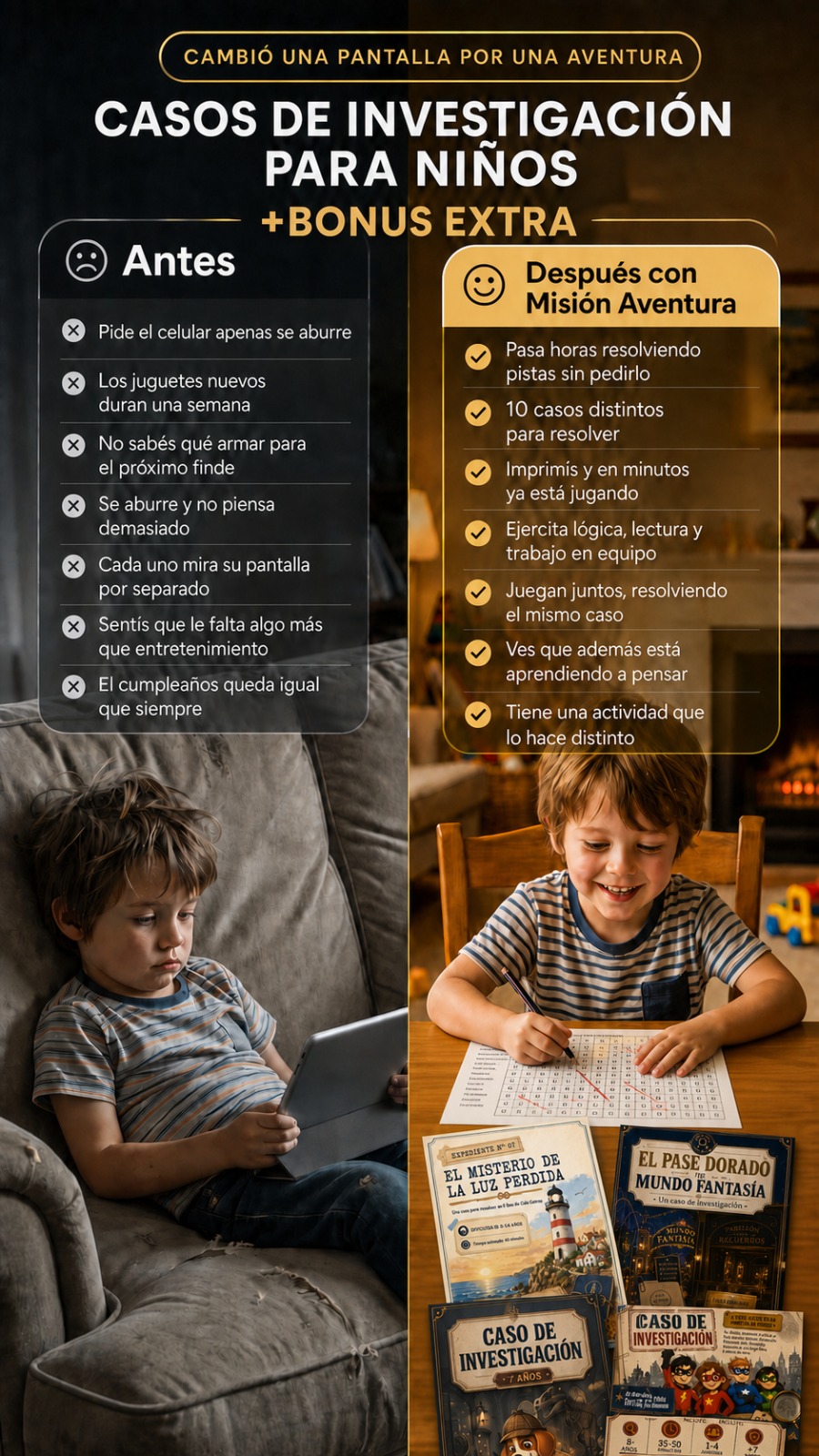 Antes y después con Misión Aventura: niño con celular vs. niño resolviendo una sala de escape imprimible